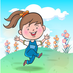 Little children play happily in the flower garden.hand drawn style vector design illustrations.