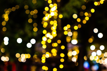 Fototapeta na wymiar Blurred image Decorative outdoor string lights hanging on tree in the garden at night time