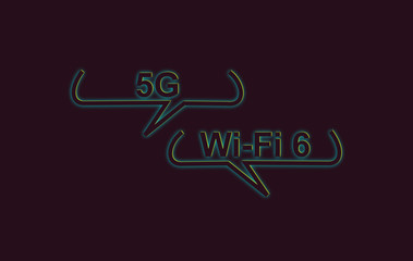 illustration with the word 5G and WIFI 6 in a speech bubble. Dark background. Speed of the massive connectivity of the device and new protocols in development. Telecommunications. 