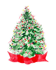 Watercolor illustration of a Christmas tree with toys. Isolated on white background