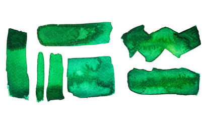 Set of emerald watercolor brush strokes and grunge texture on white background