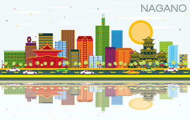 Fototapeta na wymiar Nagano Japan City Skyline with Color Buildings, Blue Sky and Reflections.