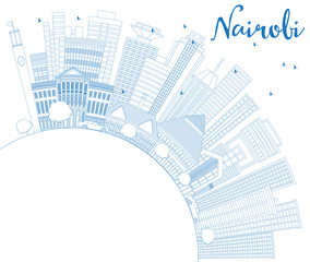 Outline Nairobi Kenya City Skyline with Blue Buildings and Copy Space.