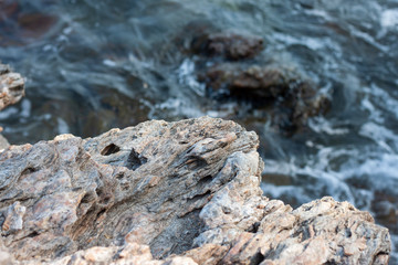 Naklejka premium The rocks at the seashore and the waves that washed into the coast.
