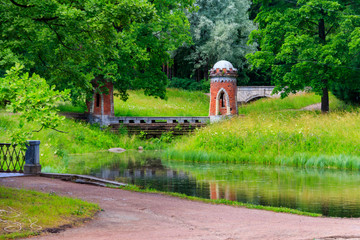 Red (Turkish) cascade with two turrets in the Catherine Park in Tsarskoye Selo, Pushkin, Russia