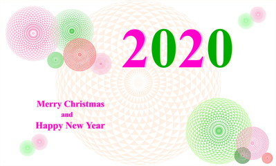 Happy new year 2020 design with pink and green geometric eye on white background. 