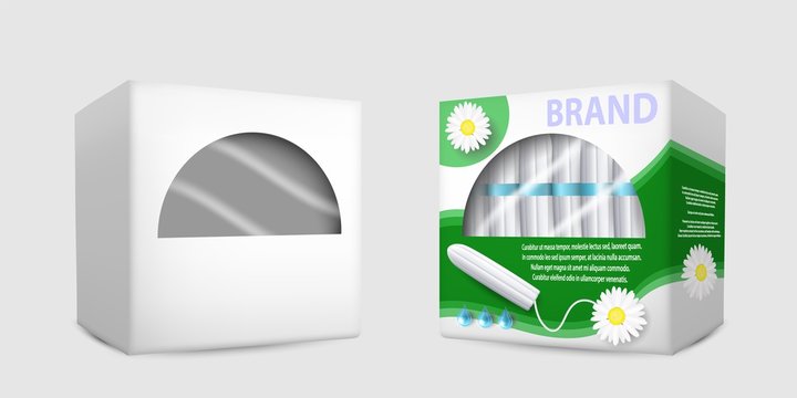 Feminine hygiene tampon packaging box mockup set, vector isolated illustration