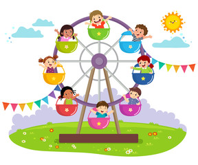 Obraz premium Vector illustration of kids riding on wheel ferris in an amusement park.