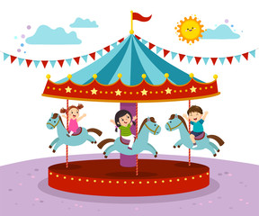 Vector illustration of kids playing on merry go round in an amusement park.
