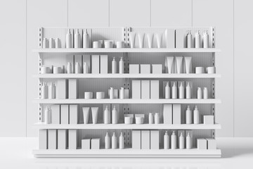 White supermarket shelf with bottles and boxes. Care products on a shelf in a store. 3d rendering