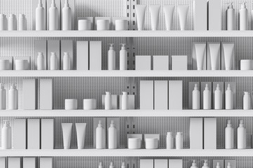 Front view of a white supermarket shelf with products in the form of bottles, boxes, personal care products, cosmetics. Trade concept. 3d rendering