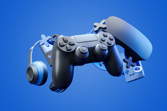 Black standard geypad, headphones and game console in the background on a blue background. 3d rendering.