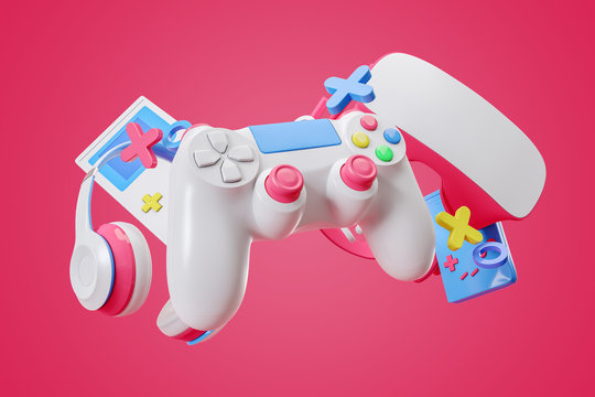Colorful gamepad, headphones and game console hanging in the air on a pink background. 3d rendering.