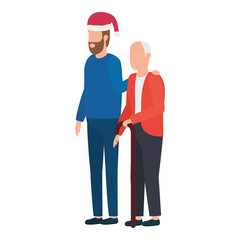 cute grandfather with young son using christmas hat