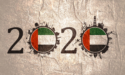 Circle with industry and sea shipping silhouettes. Objects located around the circle. Industrial design background. 2020 year number. Flag of the United Arab Emirates