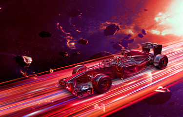 3D-Render-Illustration F1-Rennwagen mit abstraktem Out Of Space Speed-Effekt-Hintergrund