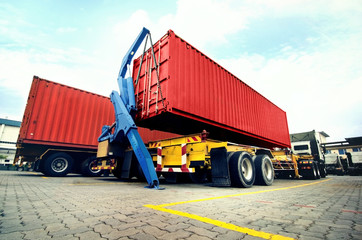 Red Container Truck With Robot Arm In Factory Outside Parking Area 