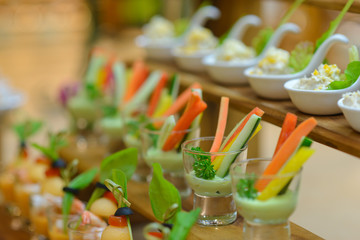 Chilled vegetable crudites with wasabi mayo. appetizers in cocktail party. food catering