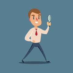 Vector flat design illustration. Manager character looking through a magnifying glass.