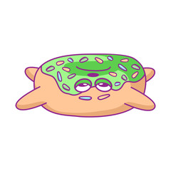 Cartoon sad, poor donut character with green glaze is sick. Nausea and vomiting. For stickers, greeting cards, party invitations, posters, prints and books