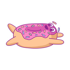 Cartoon happy smiling donut character with pink glaze does gymnastics. Sports and fitness. For stickers, greeting cards, party invitations, posters, prints and books