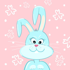 Cute easter bunny in blue on a pink background. Holiday concept.