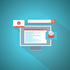 Fototapeta premium Web development and coding: laptop with virtual interactive screens. Blue Theme Concept.