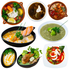 Collection of soups on white background