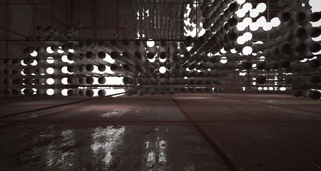 Abstract architectural concrete  and rusted metal interior from an array of spheres with neon lighting. 3D illustration and rendering.