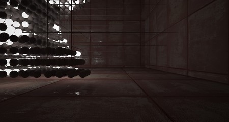 Abstract architectural concrete  and rusted metal interior from an array of spheres with neon lighting. 3D illustration and rendering.