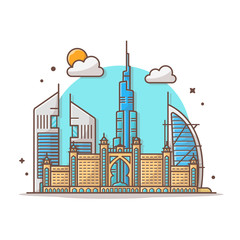 City Dubai Skyline Vector Illustration. UEA Urban Cityscape. Skyscraper Buildings. Famous Towers. Panorama. Flat Cartoon Style Suitable for Web Landing Page,  Banner, Flyer, Sticker, Card, Background