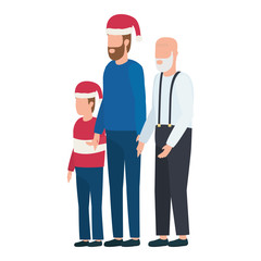 cute grandfather with young son and grandson using christmas hat