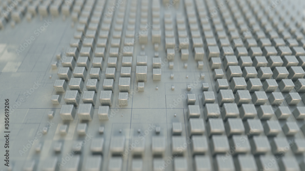 Poster white cubes on techno surface 3d rendering