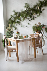 Decorated holiday table. Christmas home decorations. Christmas.