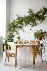 Decorated holiday table. Christmas home decorations. Christmas.