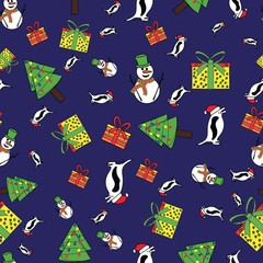 Cute vector seamless pattern background with snowmen , penguins with Santa hats and colorful presents.