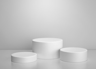 White cylinder podium, product display stand on gray background