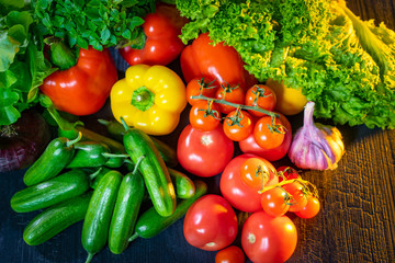 Farm vegetables. Growing vegetables on your own farm. Fresh vegetables lie on the table. Concept - organic products. Cherry tomatoes. Cucumbers top view. Paprika. Garlic Lettuce leaf. Book of recipes
