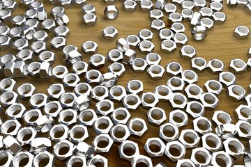 nuts on wooden table - beautiful industrial 3D illustration, picture for art using