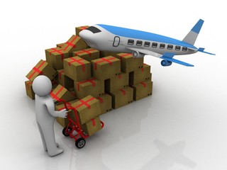 3d rendering Cardboard boxes transporting in air air plane