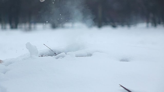 Man hand move out and something explode inside snowbank, wooden debris and snow fly up around. Small cracker explosion inside heap of wood chips covered with snow, close up slow motion shot