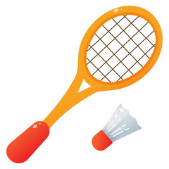 Color image of cartoon racket with shuttlecock on white background. Sport. Badminton or tennis. Vector illustration.