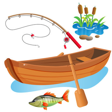 Color images of cartoon boat with paddles, fishing rod and big fish on  white background. Hobby and fishery. Vector illustration set. Stock Vector  | Adobe Stock