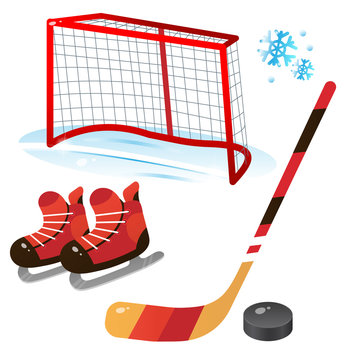 Hockey set. Color images of cartoon skates with stick and puck on white background. Sports equipment. Vector illustration.