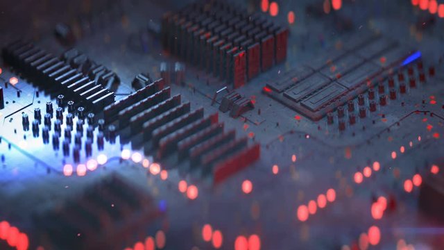 High tech electronic board. Abstract futuristic industry concept. Seamless loop 3D render animation with depth of field