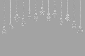 Fototapeta na wymiar Hanging Christmas elements on background with copyspace. Festive ornament. Vector