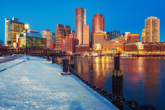 View on Boston city center at winter night