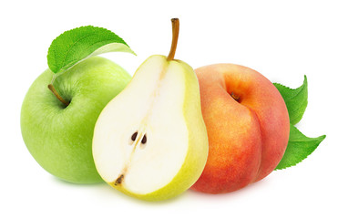 Composition with apple, peach and pear isolated on a white background.