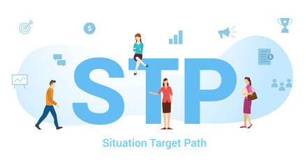 stp situation target path concept with big word or text and team people with modern flat style - vector