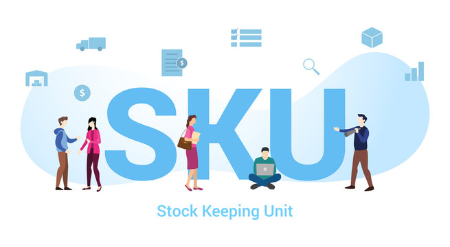 sku stock keeping unit concept with big word or text and team people with modern flat style - vector